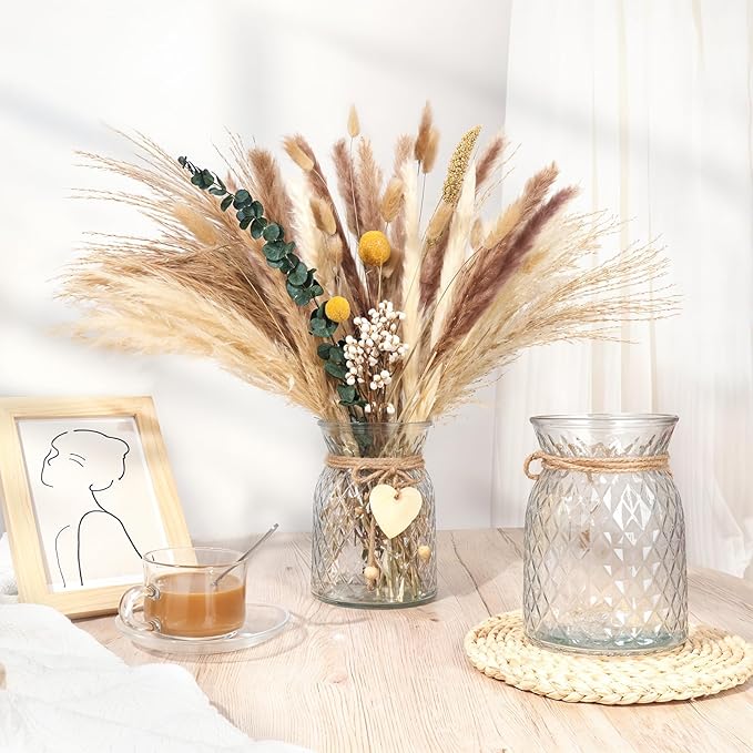 149 Pcs Dried Pampas Grass Decor Dining Table Centerpiece with 2 Pcs 6.3in Vase DIY Boho Decor Natural Dried Pampas Grass for Home Decor Birthday Party Thanksgiving Christmas Weddings Decor