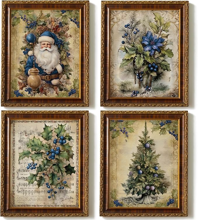 JXREQ Vintage Christmas Pictures Wall Decor Prints,Blue Christmas Wall Art Decorations for Home Kitchen Bedroom Bathroom Living Room Office,Santa Claus Xmas Tree Decor Prints Set of 4,8x10 Unframed