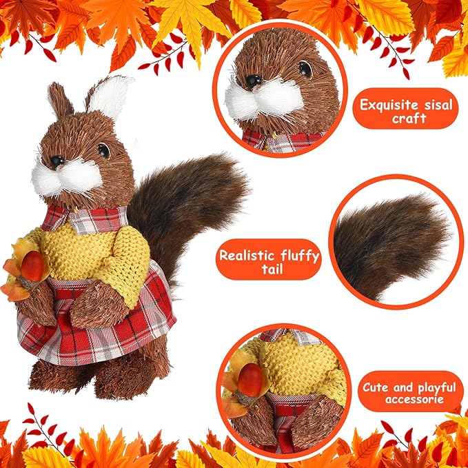 Namalu 2 Pack Squirrel Sisal Fall Decor Thanksgiving Decoration Indoor Sisal Figurine for Home Table Centerpieces Cute Handmade Fall Woodland Animal Statue for Autumn Harvest Office Cozy Shelf Decor