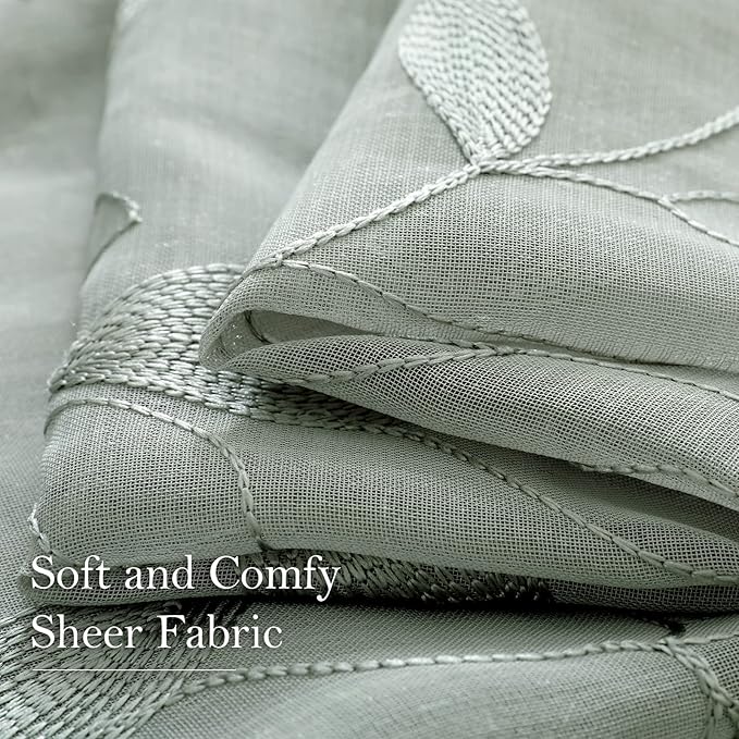 HOMEIDEAS Sage Green Sheer Curtains 52 X 96 Inches Long 2 Panels Embroidered Leaf Pattern Pocket Faux Linen Floral Semi Sheer Voile Window Curtains/Drapes for Bedroom Living Room