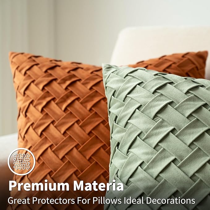 Velvet Decorative Throw Pillow Covers Set of 2, 18x18 Inch Soft Modern Weave Cushion Case, Farmhouse Home Decor Pillowcase for Sofa Living Room Couch Bed Sage Green