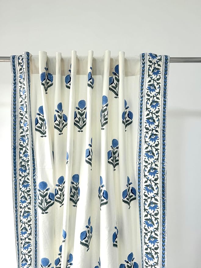 ATOSII 100% Cotton Single Panel Block Print Curtain, Easy Hanging with Rod Pocket & Loop, Living Room, Dining Room, Bedroom Light Filtering Boho Curtains, Set of 1, 60" W X 84" L, Flora Blue Poppy