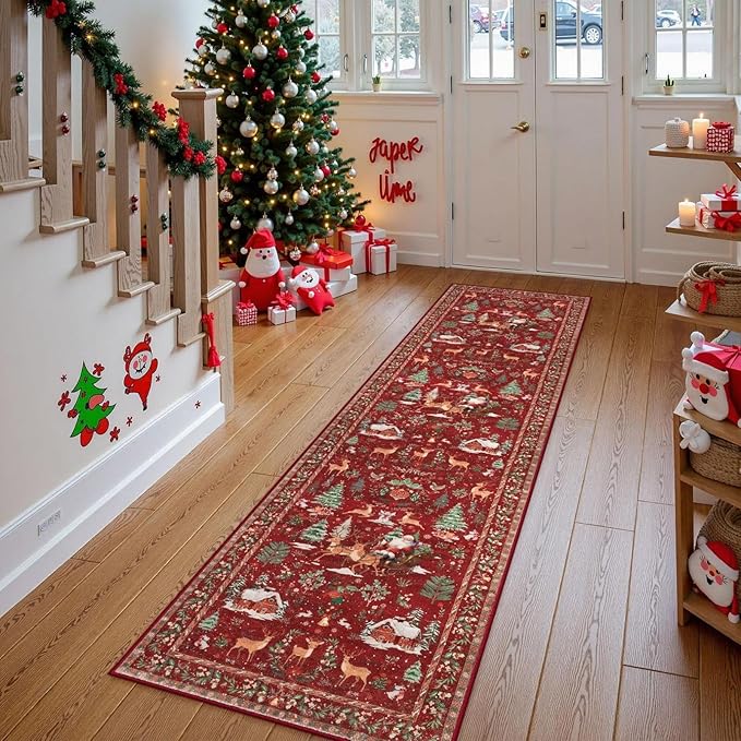 Lahome Christmas Runner Rug 2x10 Red Hallway Runner Rug,Kitchen Runner Rugs Non Skid Washable,Soft Christmas Tree Santa Claus Bathroom Carpet Runner for Entryway Bedside Holiday Decor(2'x10',Red)
