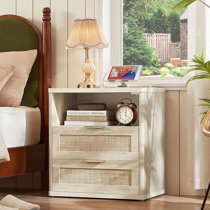 LEYAOYAO Rattan Nightstands with Charger Station, 23" Wide Boho Night Stand with 2 Drawers, Grey White Bedside Table Open Shlef, Bed Side End Table Dresser for Bedroom, Living Room Hallway