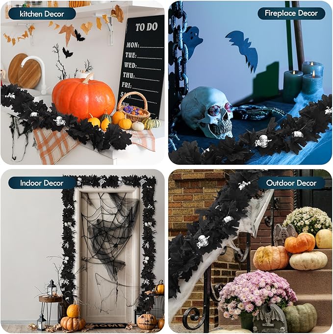 4 Pcs Halloween Garland for Mantle Total 36ft Black Maple Leaves Garland with Pumpkin Berry Artificial Halloween Decor Banner Hanging Wreath for Fall Indoor Outdoor Porch Party Decoration