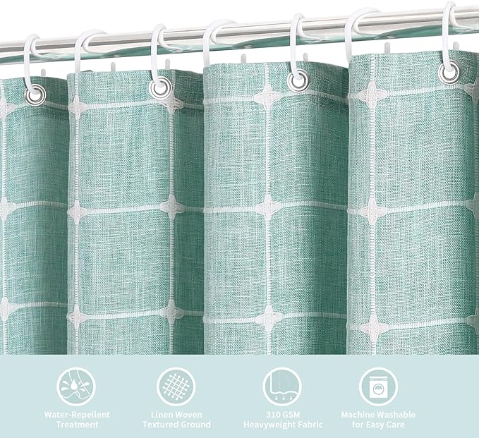 MitoVilla 72 x 84 Teal Blue Boho Extra Long Shower Curtain, Turquoise Farmhouse 84 inch XL Polyester Linen Texture Tassel Fabric Shower Curtain Set with Hooks for Cottagecore Country Bathroom Decor