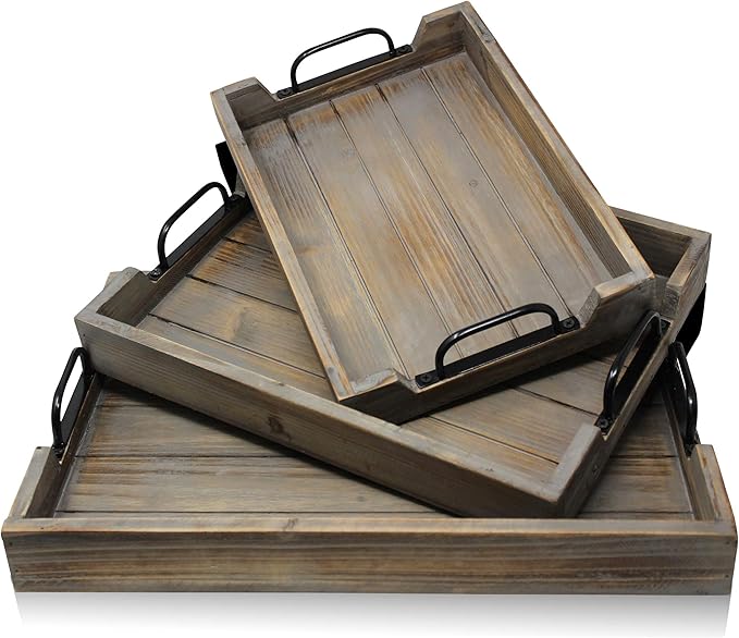 3 Piece Decorative Nested Vintage Wood Serving Tray Set for Coffee Table or Ottoman – Rustic Wooden Breakfast Trays for Kitchen, Dining Room, or Living Room – Farmhouse Platter w/Handles - Barnwood