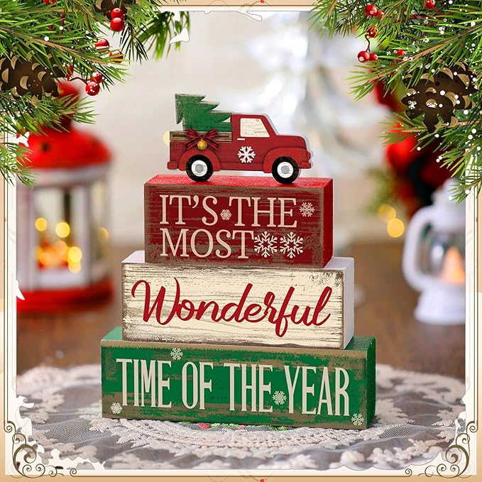 4 Pcs Christmas Decor Wooden Red Truck Winter Tiered Tray Decor Rustic Merry Christmas Table Centerpiece Wood Red Truck Block Sign Gift Farmhouse for Home Kitchen Tabletop Office Shelf