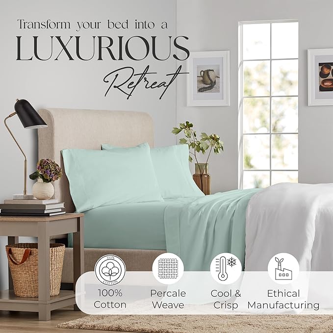 SUPREME ELEGANCE Full Size Bed Sheets Set - Natural 100% Cotton Percale Deep Pocket Full Size Sheets Set, OekoTex Made in Green Sustainable Cotton Bedding with Snug Fit, Crisp Comfy Feel, Light Green