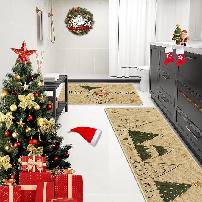 Christmas Snow Santa Kitchen Rugs and Mats Non Skid Washable Set of 2, Xmas Kitchen Mats for Floor Decor