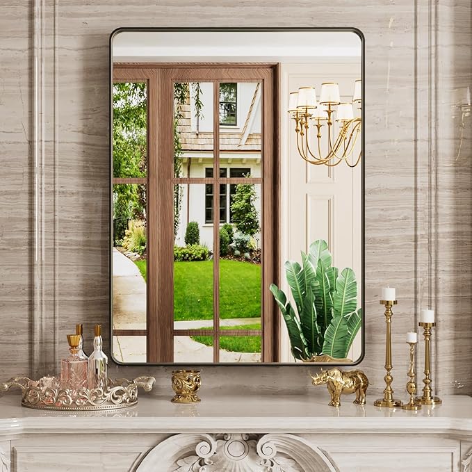 Black Bathroom Mirror, 22x30 Inch Rounded Rectangle Matte Framed Wall Mounted Mirror, Bathroom Vanity Mirror, Tempered Glass, Anti-Rust, Horizontal/Vertical