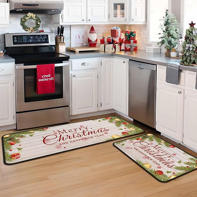 Merry Christmas Kitchen Rugs and Mats Set, Xmas Indoor Floor Mats for Winter, Merry Christmas (17"x47" + 17"x30")