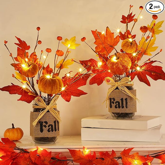 2 Pack & Timer Fall Decor 13.5 Inch Fall Centerpieces for Tables with 20 Lights, Thanksgiving Decorations Mason Jar with Maples Leaves Pumpkins Berried Fall Decorations for Table Coffee Table Kitchen