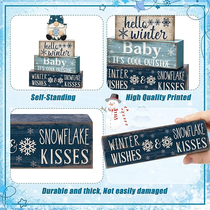 4 Pcs Wooden Winter Table Decorations Christmas Tiered Tray Decor Winter Gnome Decor Christmas Centerpiece for Tables Wooden Decorative Gnome Signs Gifts for Kitchen Office Home