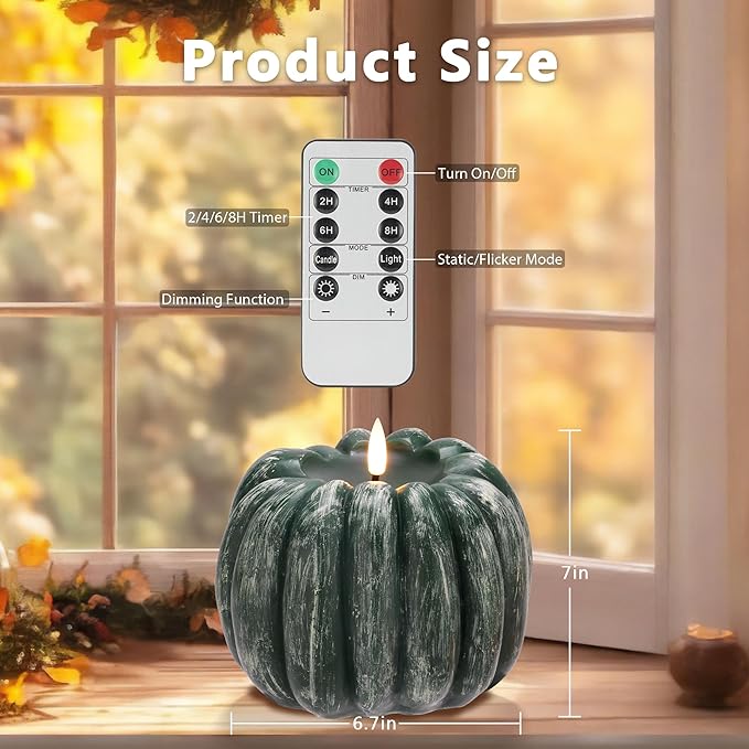 Fall Flameless Led Pumpkin Candles with Remote, Real Wax Pumpkin Shaped Battery Operated Flickering Candles with Timer for Thanksgiving Decor, Fall Home Decor, Halloween Decorations, Green
