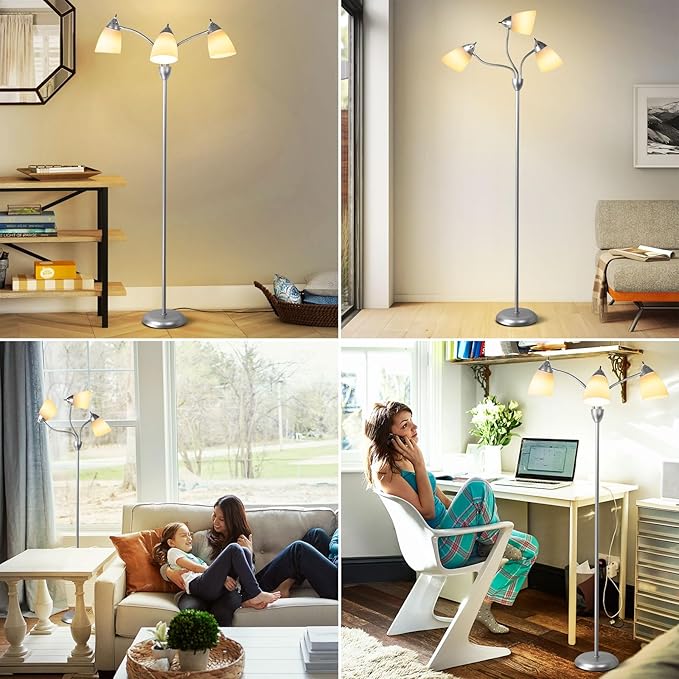 DINGLILIGHTING Floor Lamp Tall for Bedroom: Silver Standing Lamp Reading for Living Room Home Study Room Office - Modern Led Floor Light 3-Light Adjustable Flexible Gooseneck Metal Multi Head