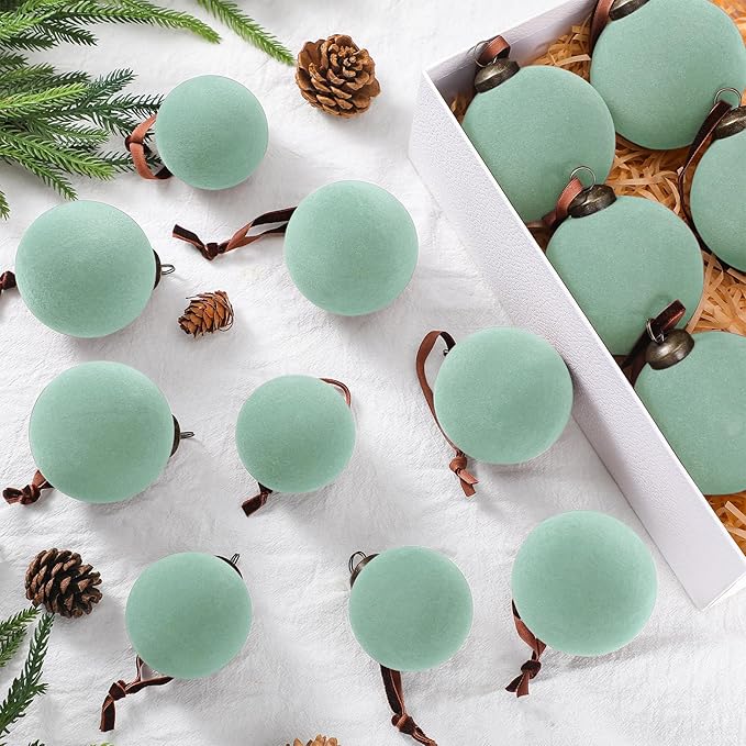 36 Pcs Velvet Christmas Balls Bulk - Flocked Christmas Tree Ball Ornaments Hanging Decoration for Xmas Tree, Wreath, Home or Party Decorations, 2.36", 2.76", 3.15"(Sage Green)