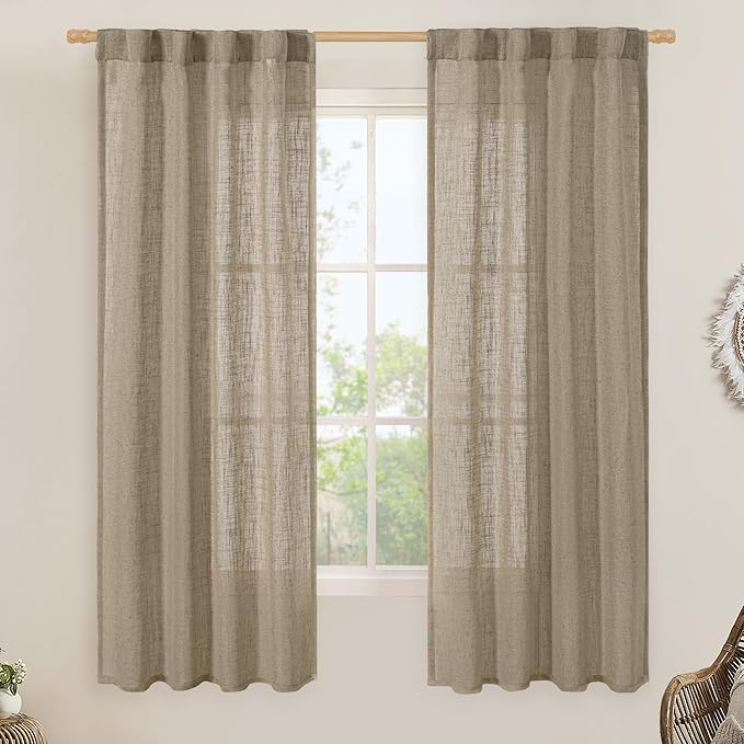LAMIT Linen Curtains 60 Inch Length 2 Panels, Light Filtering Panels Back Tab and Rod Pocket Neutral Drapes for Bedroom/Window/Living Room, Taupe, 34 x 60 Inch