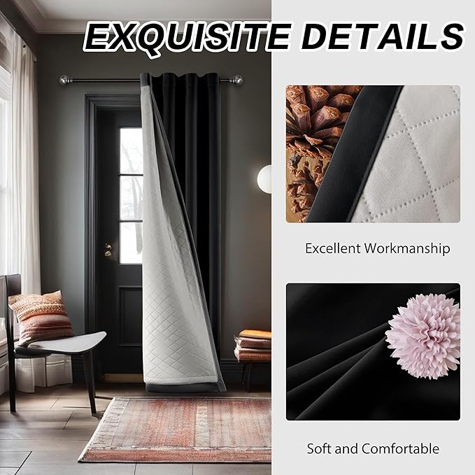 3 Layers Black Curtains Thermal Soundproof Curtains for Winter Grommet 100% Blackout Curtains 1 Panel 50x108Inches