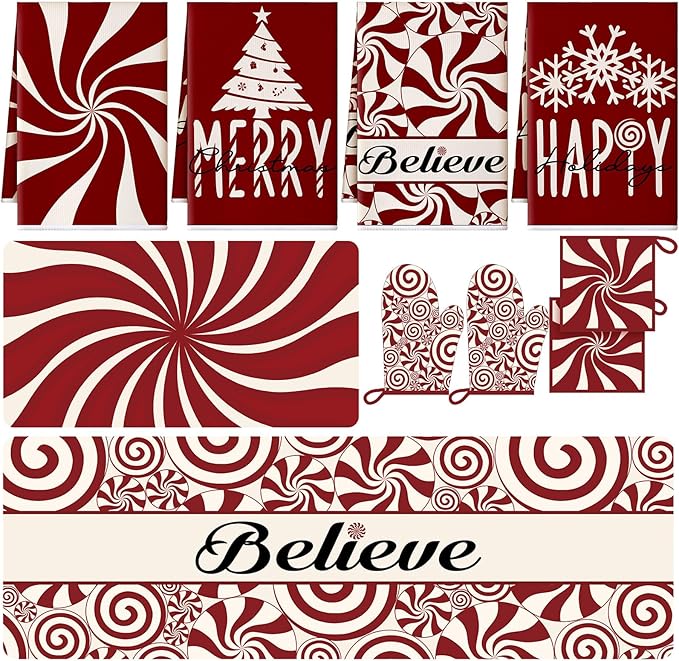 10 Pcs Christmas Kitchen Decor Set Kitchen Towels and Rugs Oven Mitts Pot Holders Absorbent Towels for Baking Cooking BBQ Gifts Home Decor(Red,Christmas Peppermint Candy)
