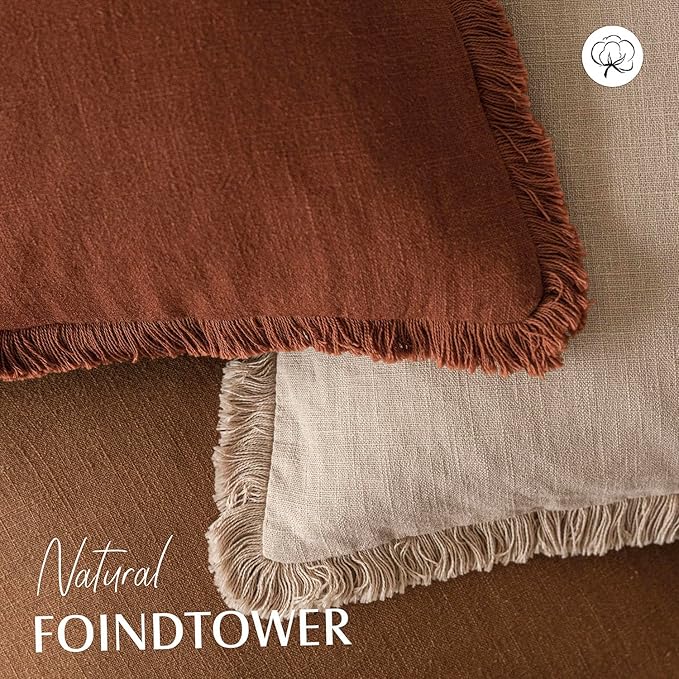 Foindtower Set of 2 Decorative Linen Fringe Throw Pillow Covers Boho Farmhouse Cushion Cover with Tassels Soft Accent Pillowcase for Couch Sofa Bed Living Room Home Decor,20×20 Inch,Orange Brown