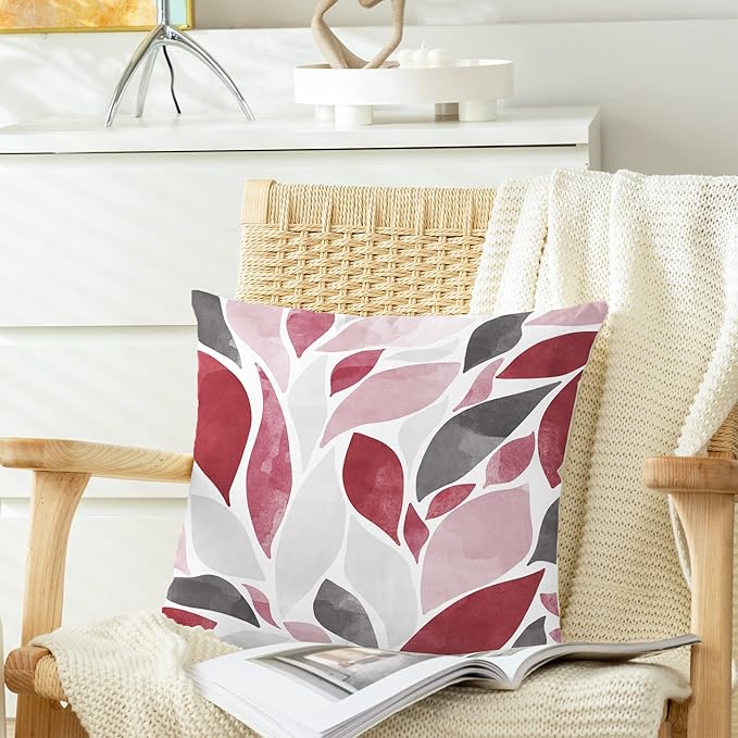 CaliTime Throw Pillow Cases Pack of 2 Cozy Fleece Falling Dahlia Floral Flowers Petals Decorative Cushion Covers for Couch Bed Sofa Farmhouse Decoration 16 X 16 Inches Burgundy Pink Grey