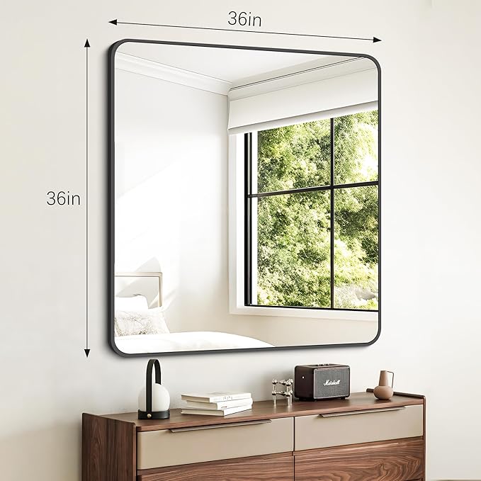 FORBATH Bathroom Mirror 36" x 36",Large Square Wall Mirror with Black Aluminum Frame Rounded Corner, Wall Mounted Mirror for Bathroom Bedroom Entryway Living Room