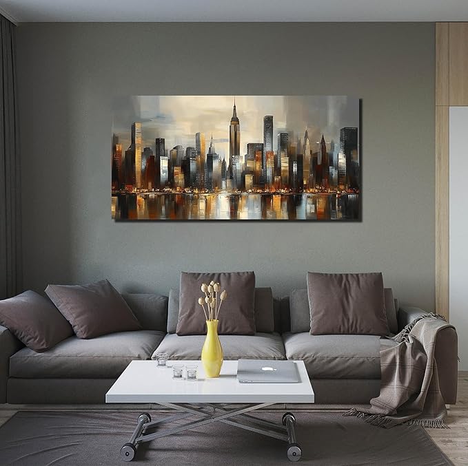 GUGIKA City Wall Art for Living Room, Gold and Grey Wall-Decor for Bedroom, Modern Cityscape Poster Canvas Print, Size 48 x 24 Inches