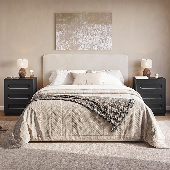 Night Stand Set of 2, Nightstand with 3 Drawers, 21.7"(W) x 15.8"(D) Large Night Stand Bedside Tables for Bedroom, Modern Storage Bedside Table for End Tables, Sofa, Black
