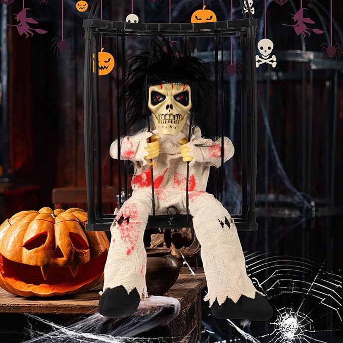 Animated Halloween Decorations, Skull Ghost Hanging Decoration Prop, Scary Skull Prisoner Halloween Decorations Props with Motion Sensor & Sound, Light Up Eyes, for Home Indoor Outdoor Decoration