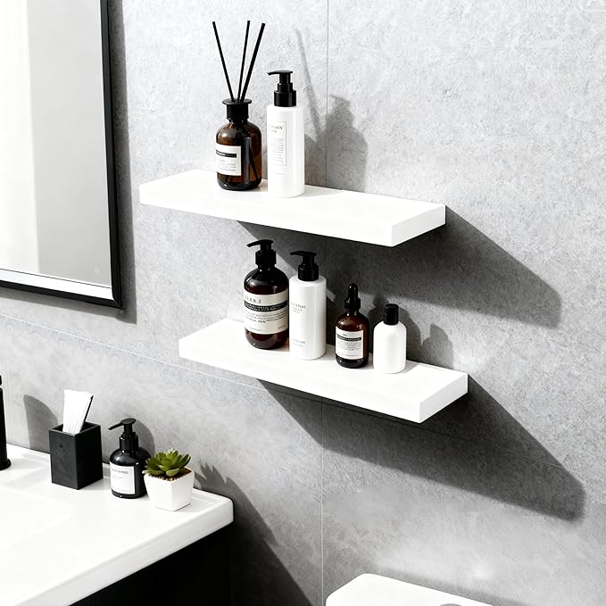 Floating Shelves for Wall(Set of 2)-16 Inch White Wood Wall Shelf with Invisible Brackets for Bathroom,Bedroom,Drawingroom,Kitchen for Decor