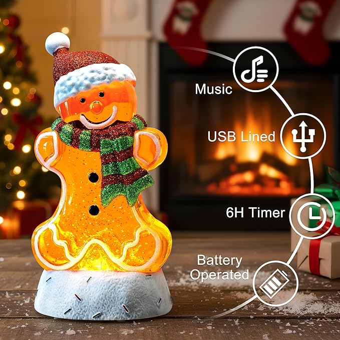 10.1" Christmas Snow Globe Water Lantern with Gingerbread Battery Operated or USB Powered Musical Lighted Holiday Decoration for Tabletop Display for Family and Friends