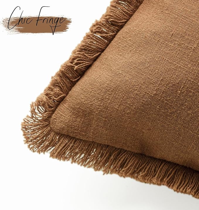 Foindtower Set of 2 Decorative Linen Fringe Throw Pillow Covers Cozy Farmhouse Cushion Cover with Tassels Lumbar Accent Pillowcase for Couch Bed Living Room Home Bedroom Decor, 12×24 Inch,Orange Brown