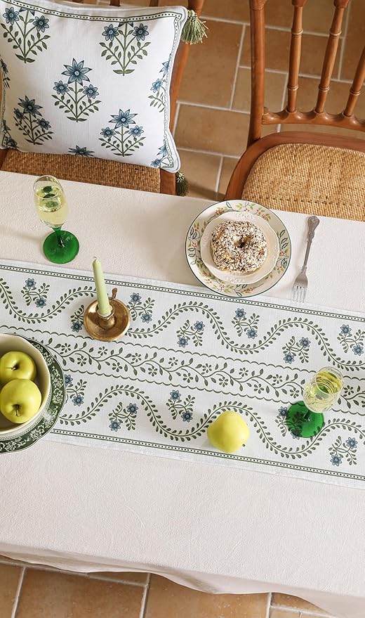 ISAENNE Designer White Elegant Linen Table Runner 87 Inches Long,Chinoiserie Floral Decor Durable Table Runners for Dining Tables,Thanksgiving,Kitchen Tables,Christmas,12"*87"-Mosella D