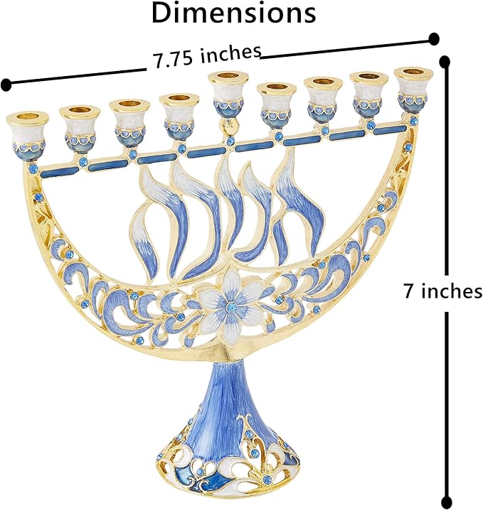Matashi Hand Painted Enamel Menorah Candelabra with Flower and Hanukkah Design with Gold Accents and Crystals Jewish Candle Holder Hanukkah Gift Housewarming Present Showpiece for Living Room