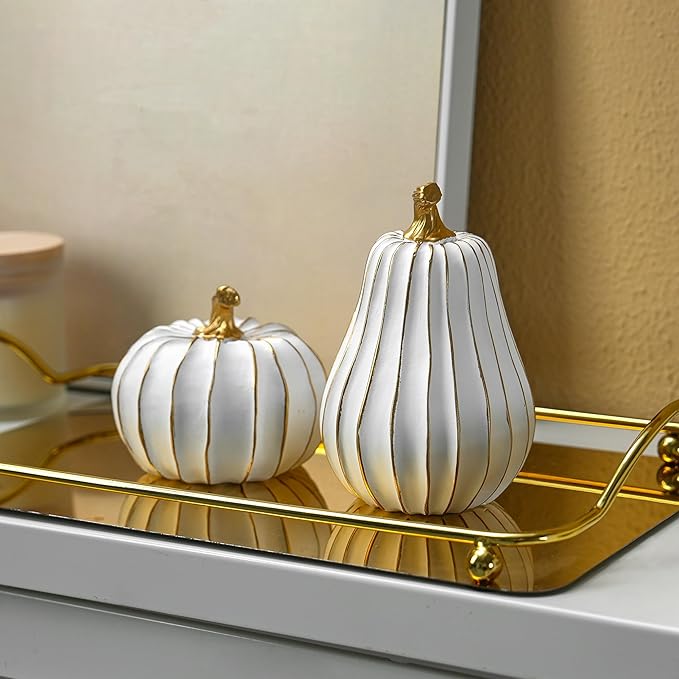 Pumpkin Fall Decor, White and Gold Pumpkins for Decorating Thanksgiving Table Centerpieces, Artificial Resin Pumpkins Decor for Mantel, Harvest Autumn Tabletop Decoration