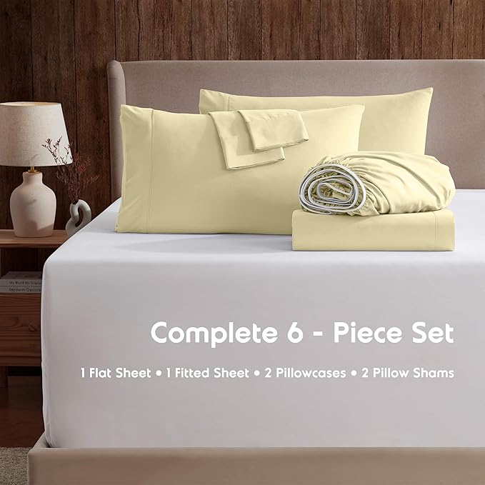 Nestl Extra Deep Queen Sheet Set - 6 Piece Breathable & Cooling Sheets - Hotel Luxury Bedding Set w/18-24 Inch Extra Deep Pockets - Easy & Secure Fit - Soft, Wrinkle Free & Comfy - Vanilla Yellow