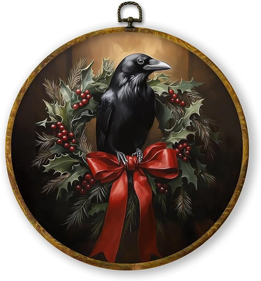 QZQE Christmas Raven Round Wall Art Decor Framed, Dark Academia Moody Crow Circle Canvas Prints, Gothic Rustic Holiday Xmas Crow Circular Wall Hanging Decor for Home Bedroom Living Room, 10x10 Inch