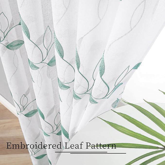 Tollpiz Teal Blue Leaf Sheer Curtain Leaves Embroidered Bedroom Curtains Rod Pocket Voile Window Treatment for Living Room, 54 x 95 inches Long, Set of 2 Panels