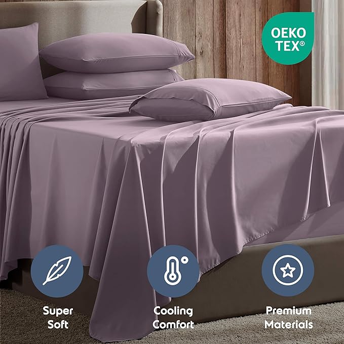 Nestl Extra Deep Split King Sheet Set - 7 Piece Breathable & Cooling Sheets - Hotel Luxury Bedding Set w/18-24 Inch Deep Pockets - Easy & Secure Fit - Super Soft, Wrinkle Free & Comfy - Dusty Purple