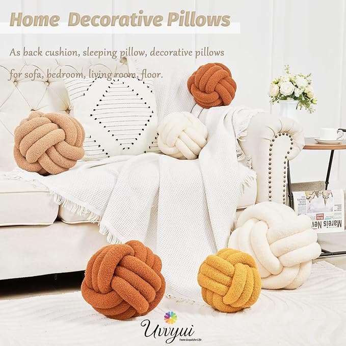 Uvvyui Knot Pillow Ball, Soft Home Decorative Round Throw Pillow, Handmade Knotted Plush Pillow, Round Boucle Pillow Cushion (8.6 Inches Blush Pink)