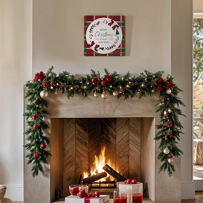 ArtbyHannah Christmas Canvas Wall Art Decor, 3D Textured & Holly Red Berry Wall Decor with Red & Green Plaid Prints for Home Kitchen Dining Party Bathroom Winter Holiday Decorations (12x12 inch)