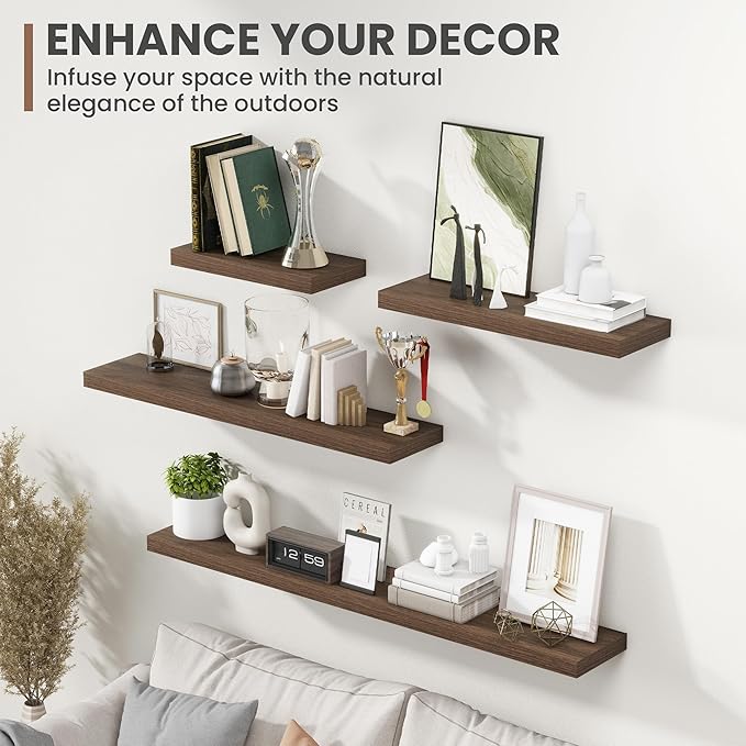 36 Inch Floating Shelves, 8 Inch Deep Floating Shelves for Wall, Hanging Shelf with Invisible Brackets, Deep Shelves for Bathroom, Bedroom, Living Room, Walnut, Set of 2