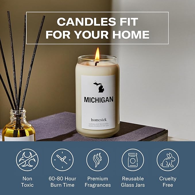 Homesick Scented Candles for Home (Michigan) - 13.75 oz Long-Lasting Soy Wax Jar Candle for Women & Men for All Occasions, 60-80 Hours Burn Time - Notes of Chocolate, Cherry & Lemon