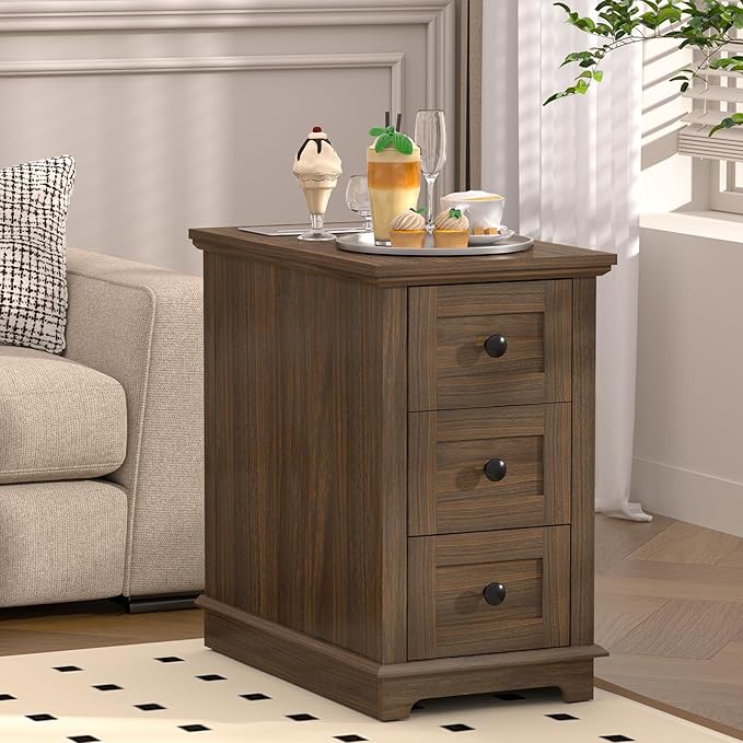 HIFYOBRO End Table with Flip Top Charging Station, Narrow Side Table with 3 Drawers, Wooden Nightstand, End Table with Storage for Living Room & Bedroom