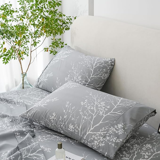Spirit Linen home Queen Size Bed Sheets - Pure Microfiber 4 Piece Polyester Bed Sheets with Deep Pockets, 90 Thread Count, Fitted Sheet & Pillow Cases, Grey/White