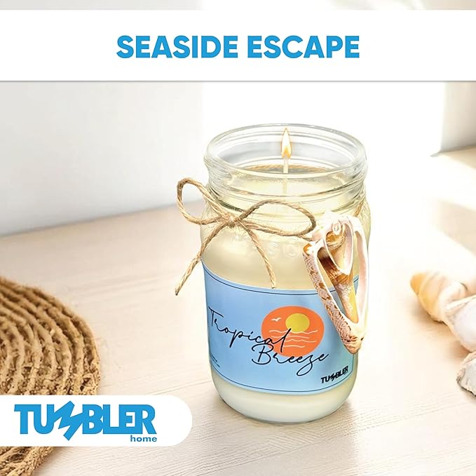 Tumbler Home Beach Candle, Large Scented Summer Candle, 100% Soy Wax, 90 Hour Burn, Mason Jar with Real Shell, Coastal Decor & Beach Themed Gift for Women, Made in USA, Tropical Fruits Fresh Air Scent