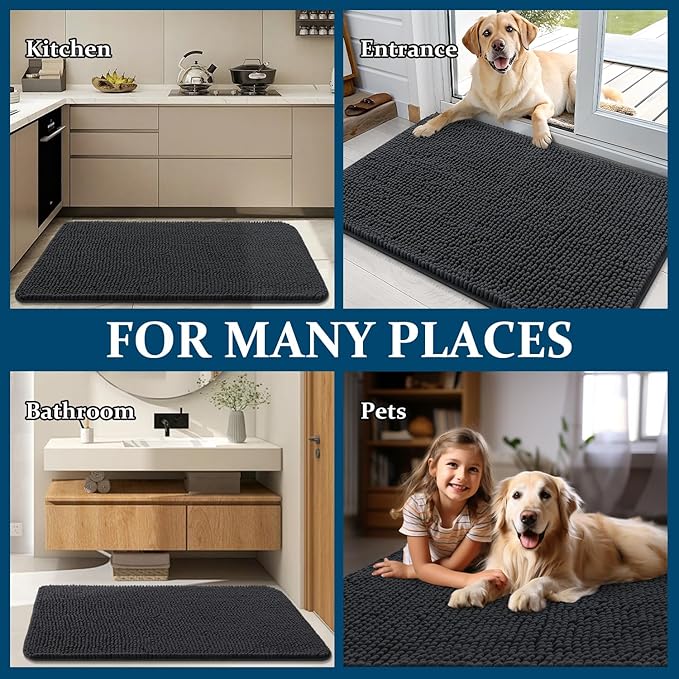 OLANLY Dog Door Mat Set 4-Piece 36x24, Absorbs Moisture and Dirt, Absorbent Non-Slip Washable Doormat, Quick Dry Chenille Mud Mat for Dogs, Entry Indoor Entryway Carpet for Inside Floor, Dark Grey