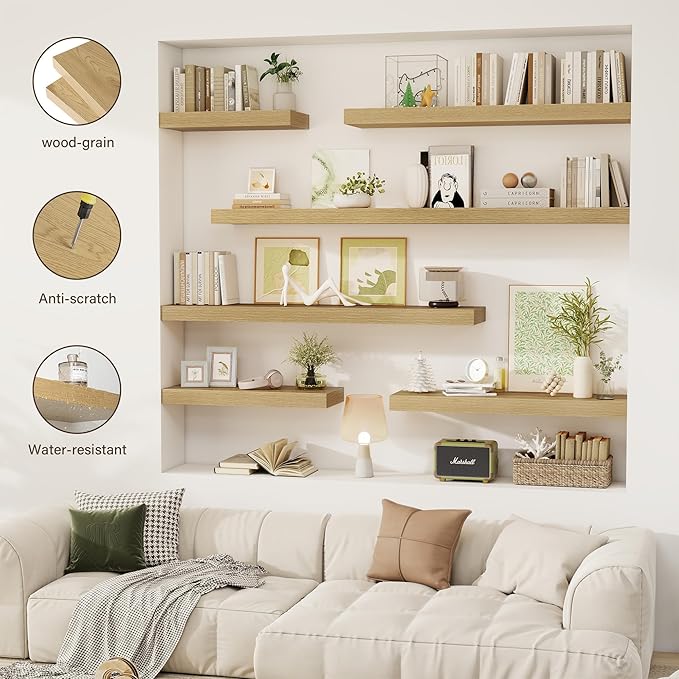 55 Inch Floating Shelves, 12" Deep Floating Shelf Wall Mounted, 55" Wall Shelves, Rustic Deep Bookshelf, Extra Deeper & Thicker Display Shelves for Bedroom, Living Room, Oak, Set of 2