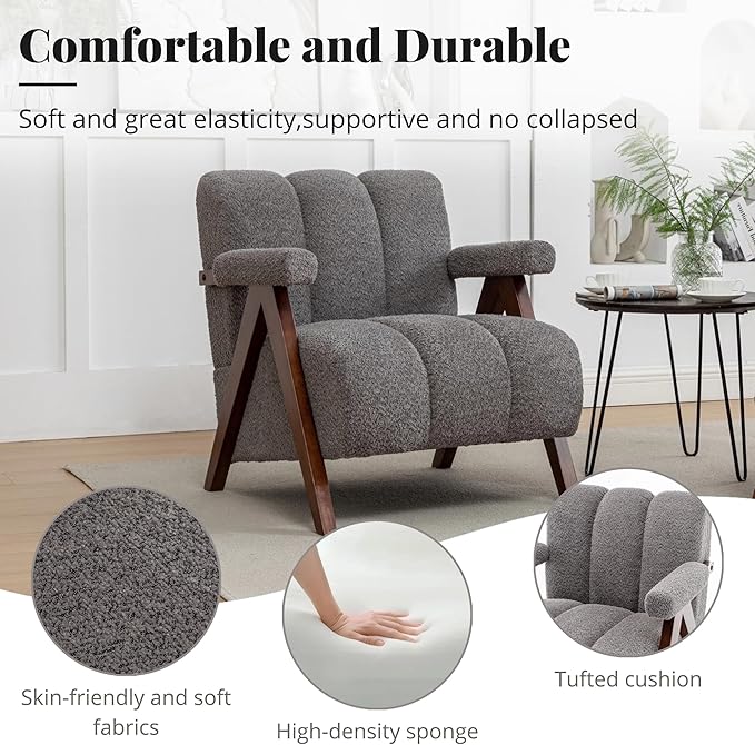 Mid Century Modern Accent Chairs Set of 2 with Solid Wood Frame, Boucle Upholstered Living Room Chairs with Thick Cushion, Comfy Tufted Arm Chair for Bedroom, Grey